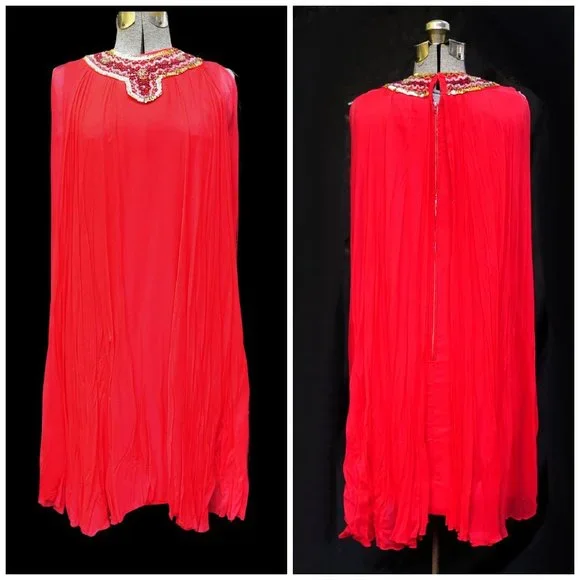 VTG 60's 70's Red Chiffon Trapeze A-Line Dress Beaded Neckline XS/S Twiggy Style - Picture 5 of 11